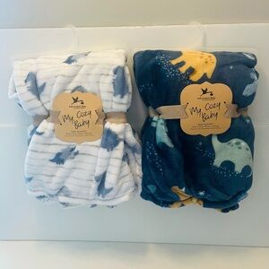 Adirondack Baby by Berkshire My Cozy Baby Blanket Lot of 2 Blue Dinosaurs Planet